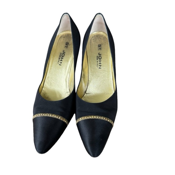 ST JOHN Made In Italy Black Cloth Rhinestone Trim Women's Heels Size 11 - Picture 1 of 6
